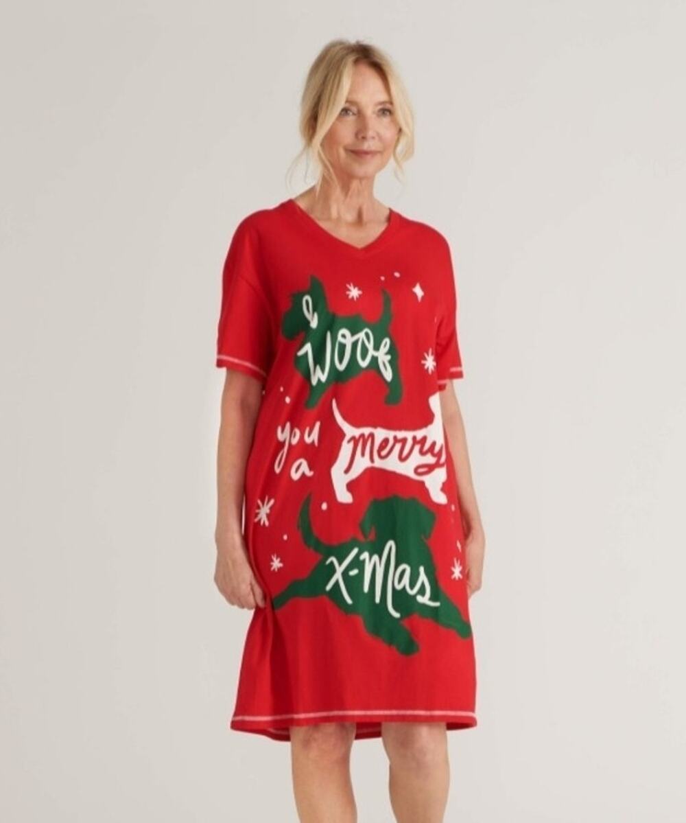 Woof You A Merry Christmas Women's Red Sleepshirt Pajamas Holiday Festive One Sz